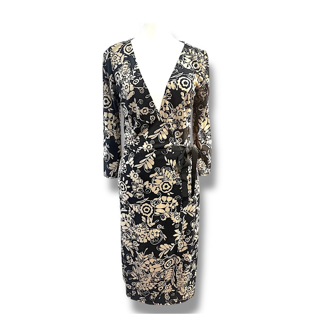 LOFT Classic Wrap Maxi Dress in Black & Light Taupe Floral  SZ 0